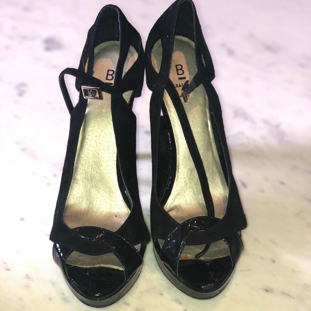 Black leather/vinyl peep toe heels